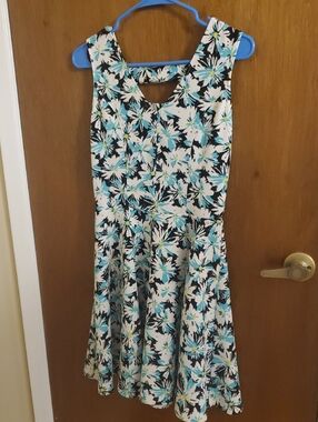 Aqua Floral V-Neck Fit-and-Flare Dress in Aqua, Black & White